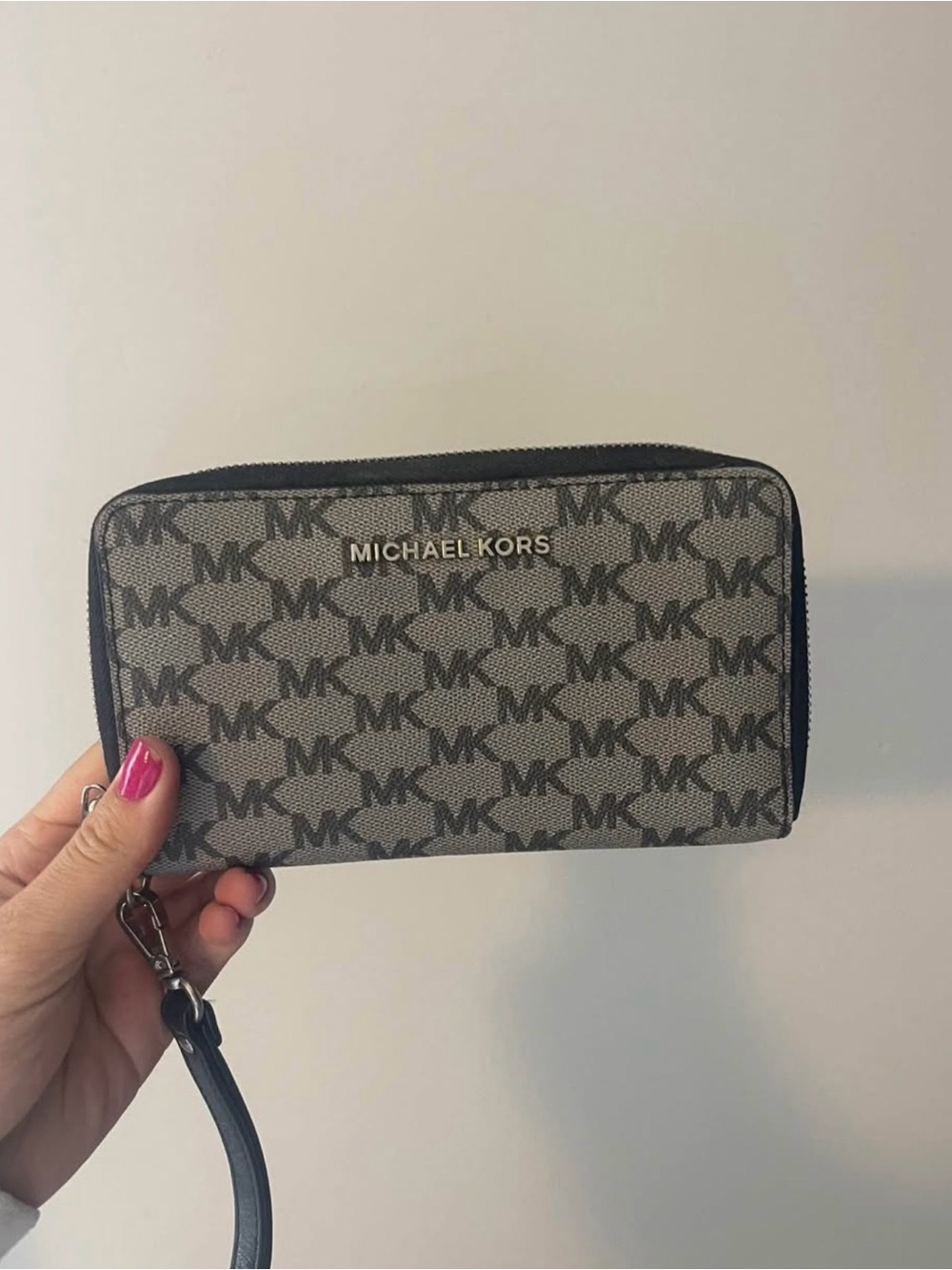 Michael Kors Beige MK Logo Zip-Around Wristlet with Black Trim